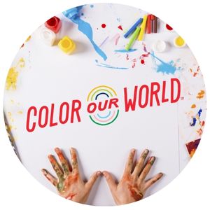 Paints and splatters with the words Color our World with paint smeared hands below.
