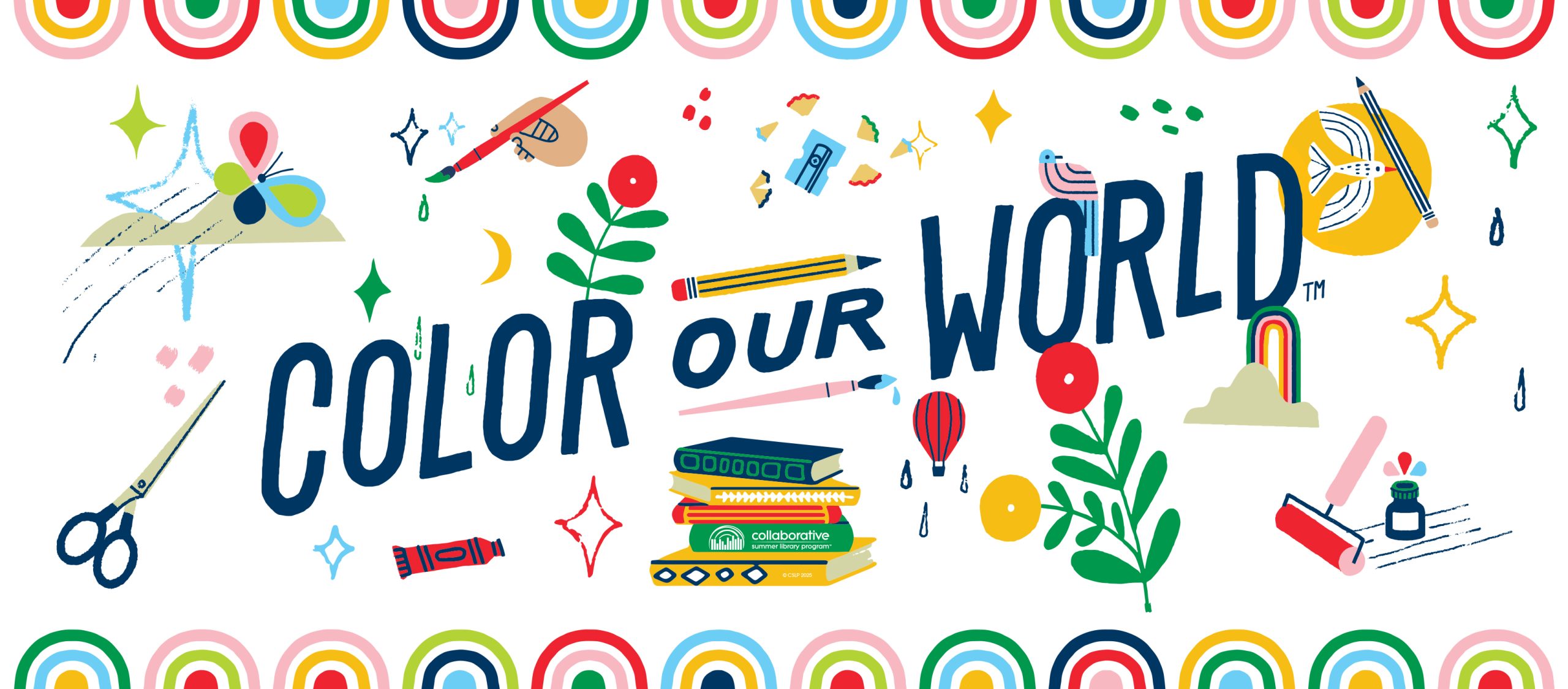 Color Our World 2025summer theme banner. Colorful photos of art supplies