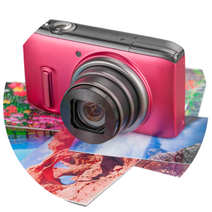 Red point and shoot camera on top of photos of landscapes