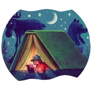Cartoon image of a child reading a book inside of a tent until a sky with stars and a crescent moon.