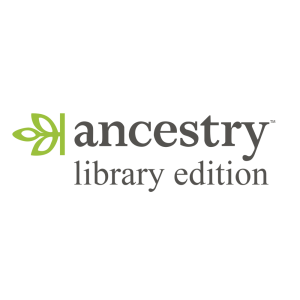 Small green plant symbol with text Ancestry Library edition