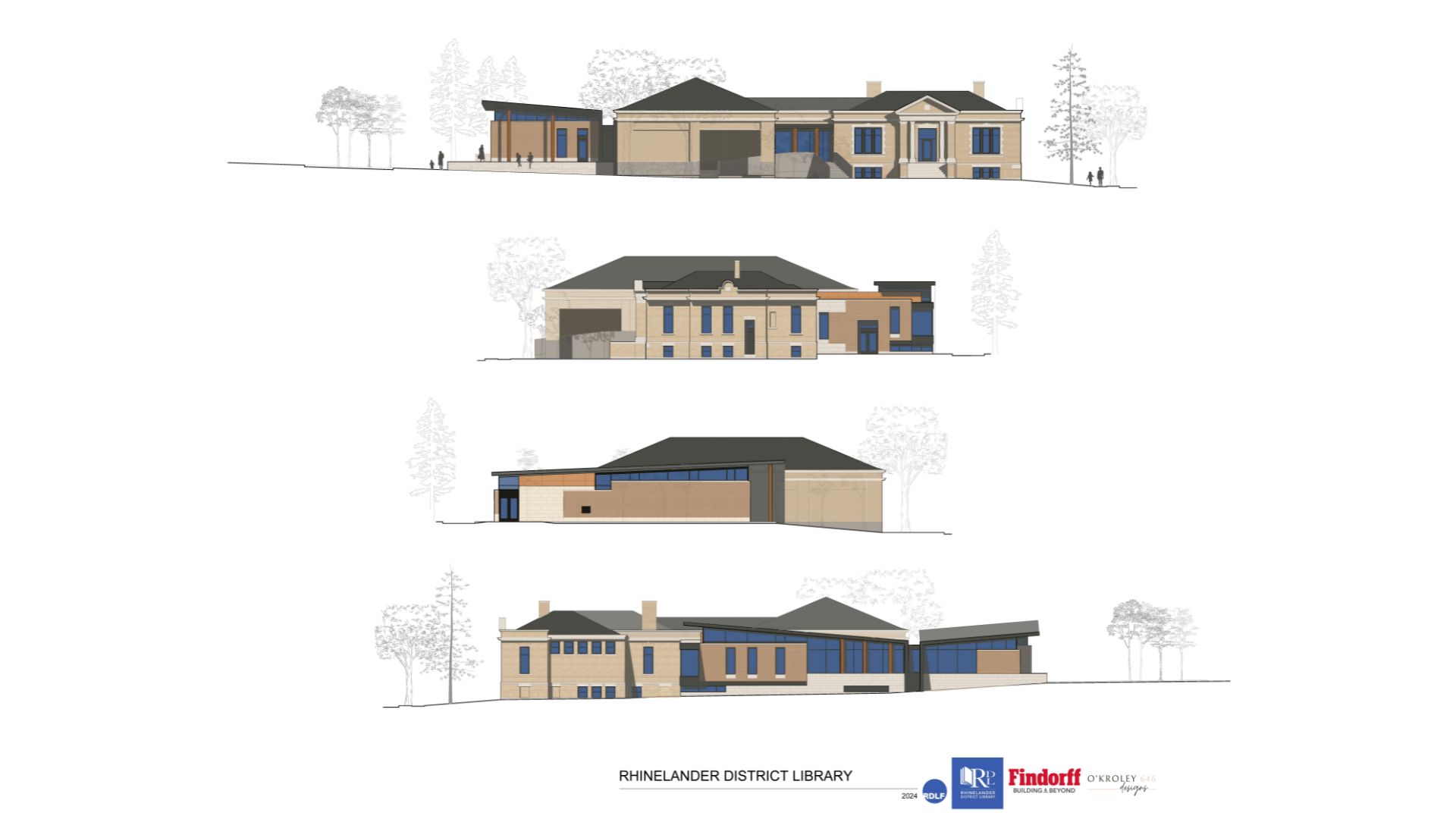 Elevations and architectural renderings of the proposed new library. 