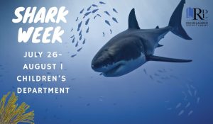 Picture of swirling little blue fish in front of a great white shark. Text advertises Shark Week July 26 through August 1 in the Children's Department